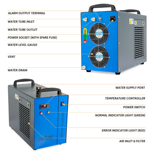 Raffreddatore e refrigeratore d'acqua industriale per taglierina laser CO2 da 50W-150W | CW-5200